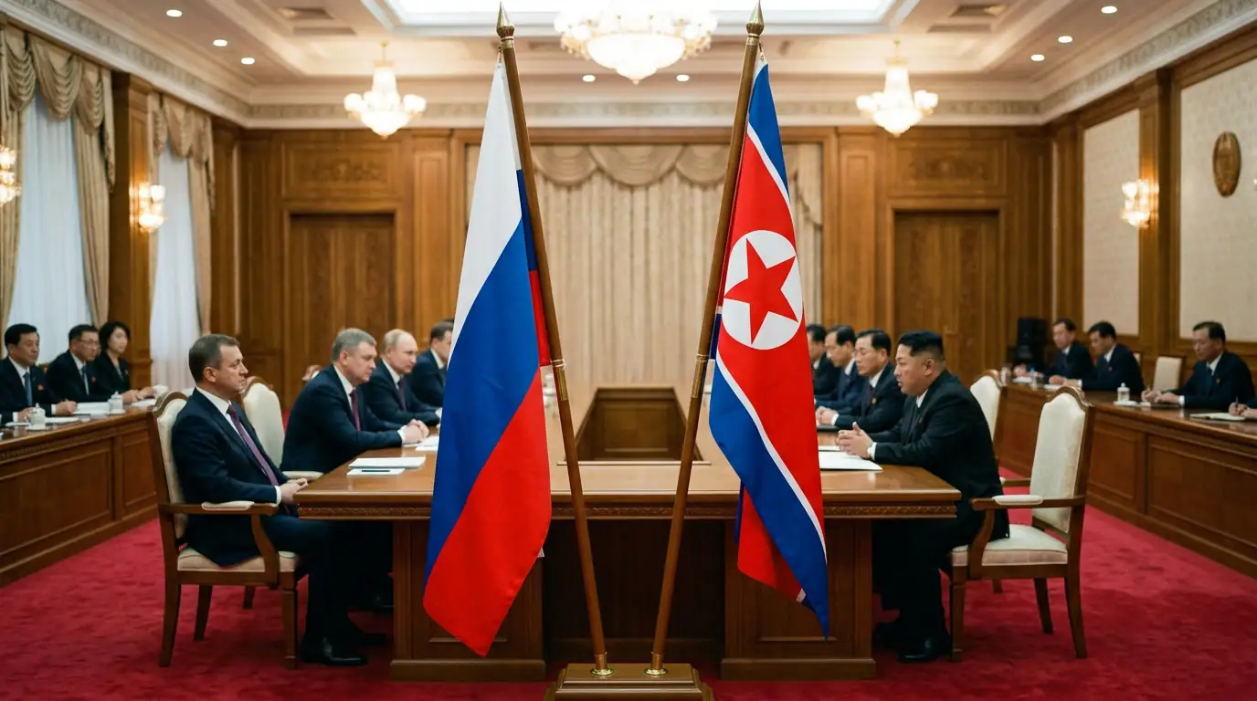Drapeaux de la Russie et de la Corée du Nord côte à côte lors d'une rencontre officielle.