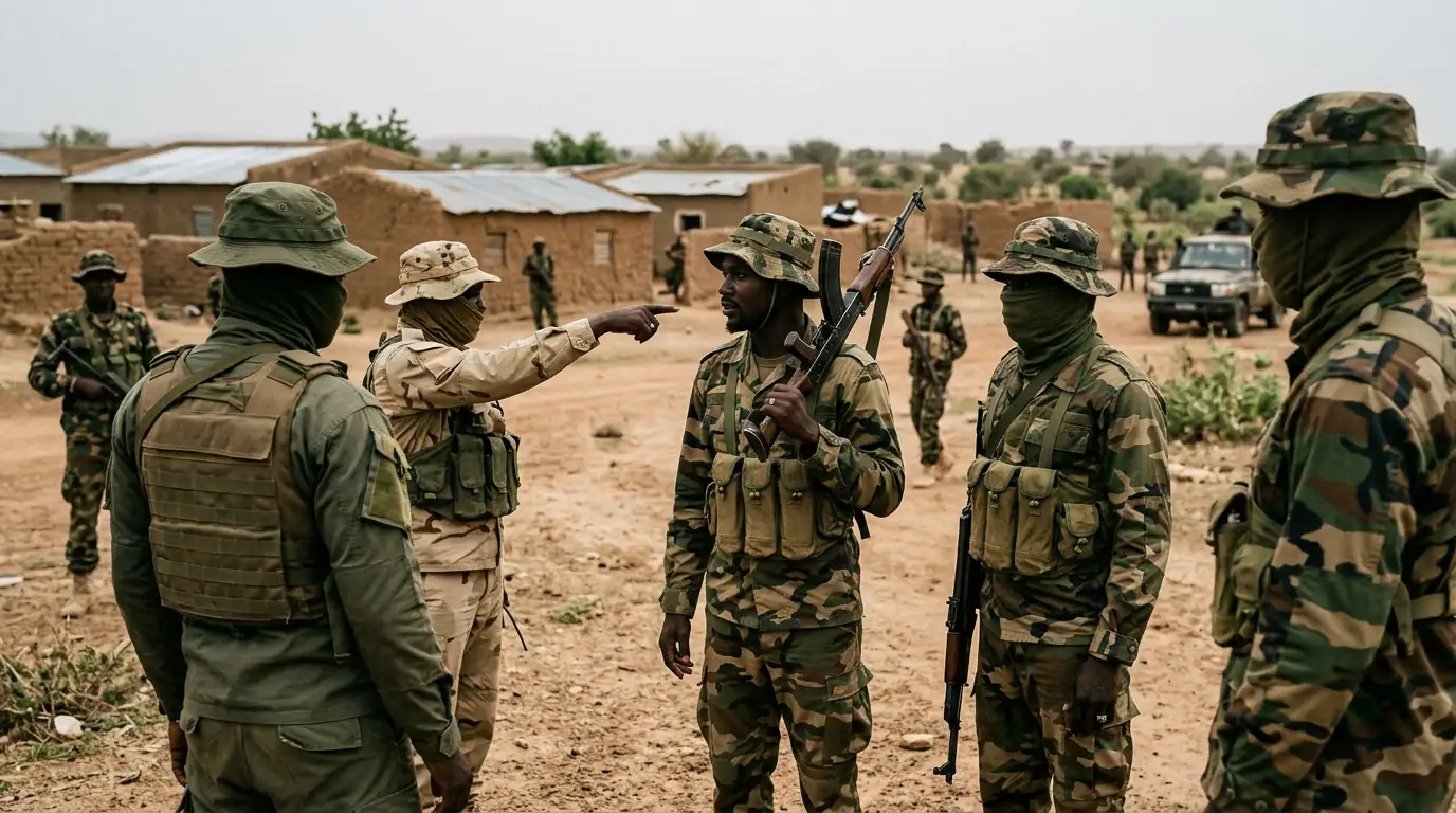 Combattants en tenue militaire non identifiée illustrant les sociétés militaires privées russes en Afrique