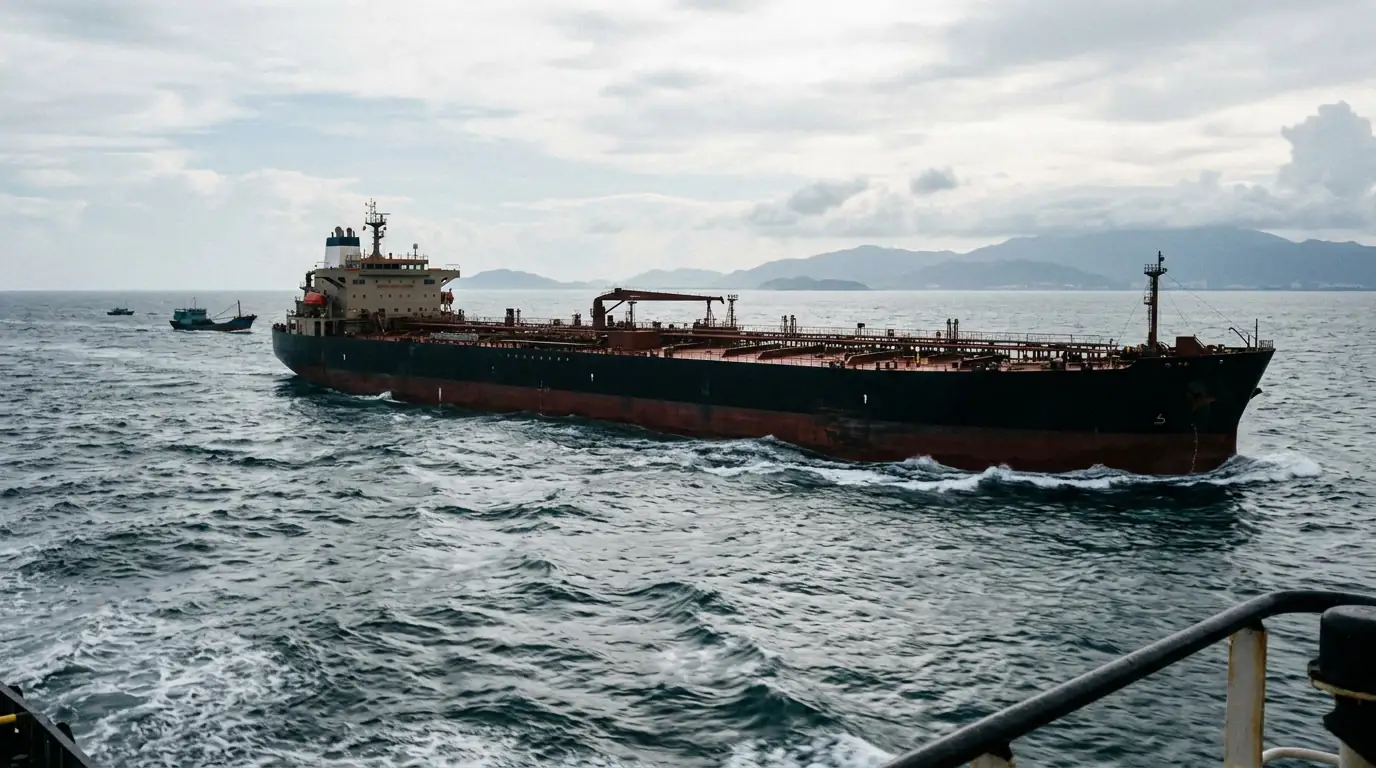 Pétrolier russe chargé de brut en mer, symbole de la réorientation des exportations énergétiques vers l'Asie sous sanctions.