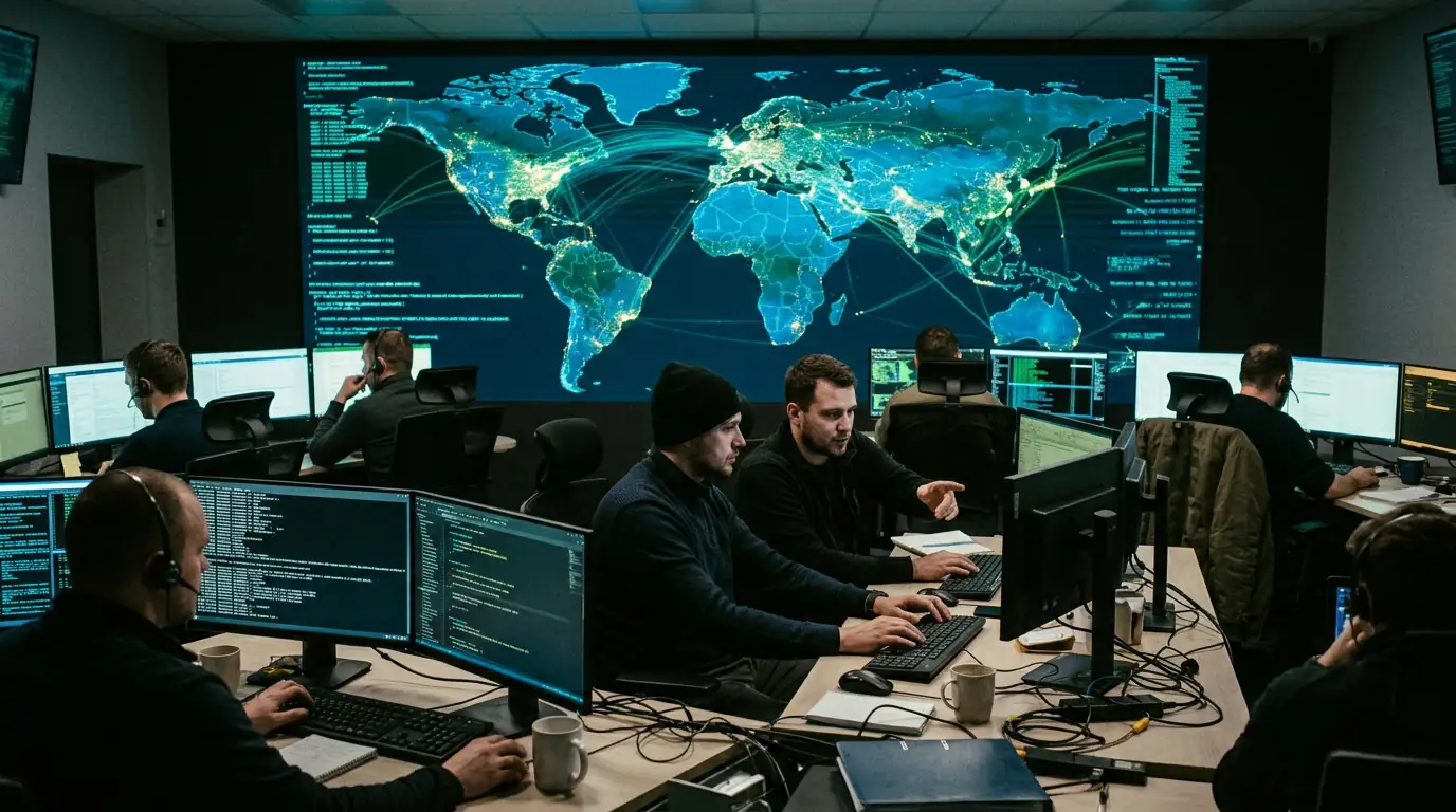 Salle de surveillance informatique avec lignes de code et carte du monde, illustration de la cyberguerre russe.