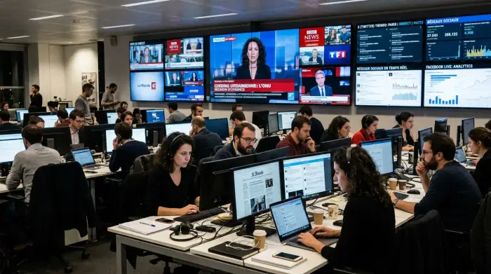 Salle de rédaction numérique avec écrans diffusant des flux d'information et des graphiques de réseaux sociaux.
