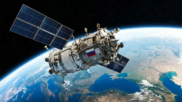 Vue d'un satellite militaire en orbite basse au-dessus de la Terre, illustration de la stratégie spatiale russe.