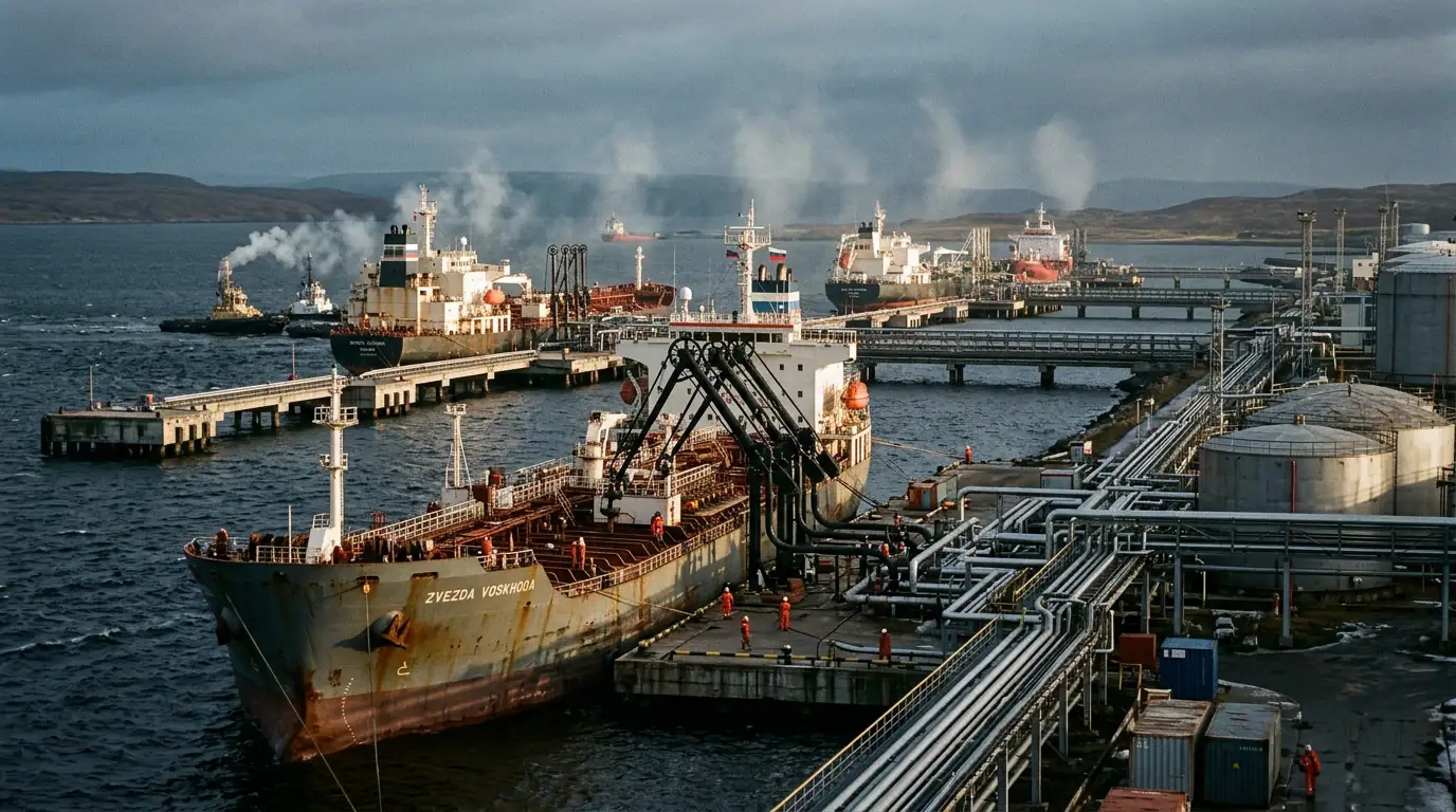 Vue d'un terminal pétrolier russe avec navires-citernes, illustrant les exportations d'énergie sous sanctions.
