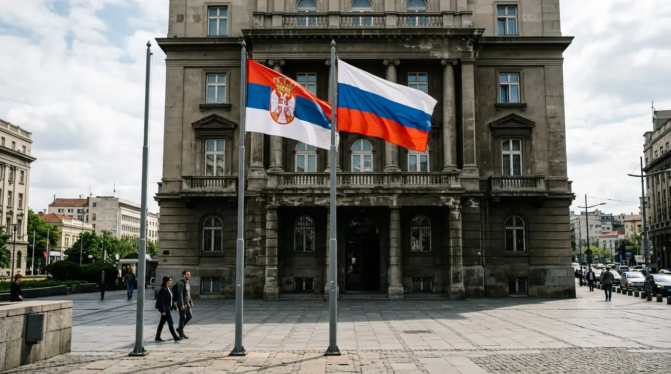 Drapeaux serbe et russe côte à côte devant un bâtiment officiel dans les Balkans.