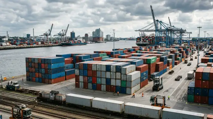 Conteneurs de fret au port de Hambourg, symbole des flux commerciaux entre l'Europe et la Chine au cœur des tensions sur les sanctions contre la Russie.