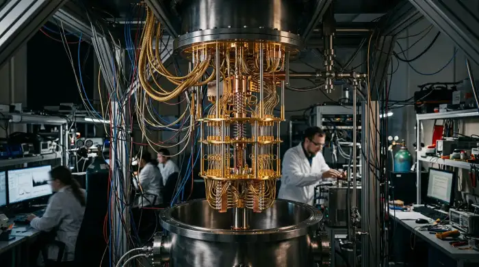 Cœur cryogénique doré d'un ordinateur quantique dans un laboratoire de recherche russe.