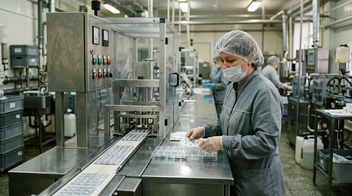 Chaîne de production de médicaments dans une usine pharmaceutique, illustration de l'industrie pharmaceutique russe sous sanctions.