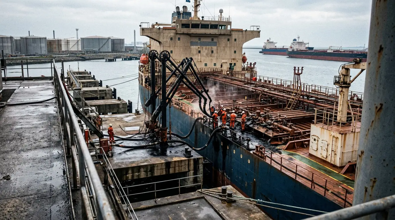Pétrolier chargeant du brut russe dans un terminal portuaire, illustrant la réorientation des exportations vers l'Asie.
