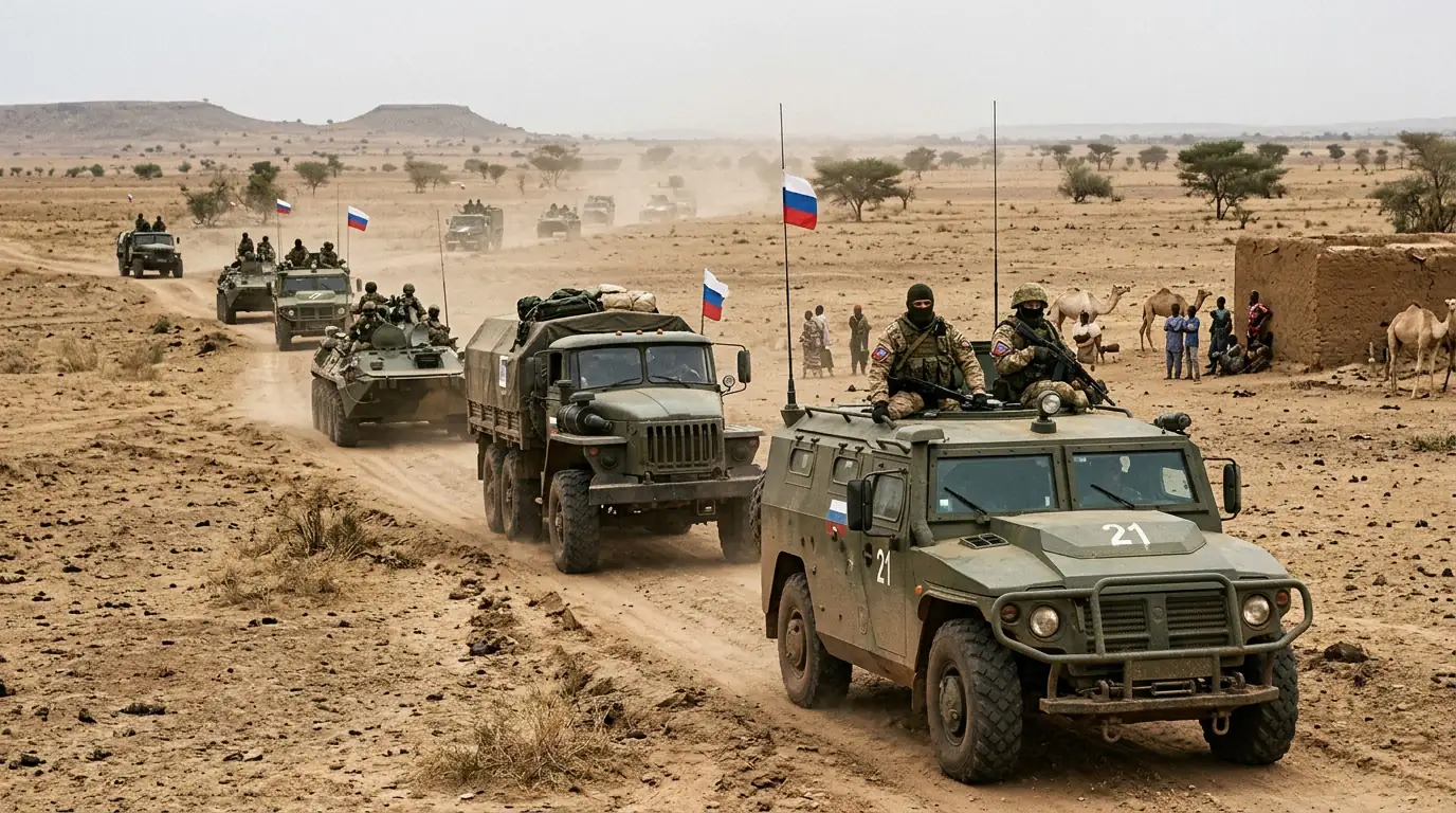 Convoi militaire dans une zone aride du Sahel, illustration de l'influence russe en Afrique.