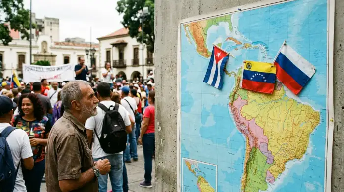 Carte de l'Amérique latine avec les drapeaux du Venezuela, de Cuba et de la Russie.