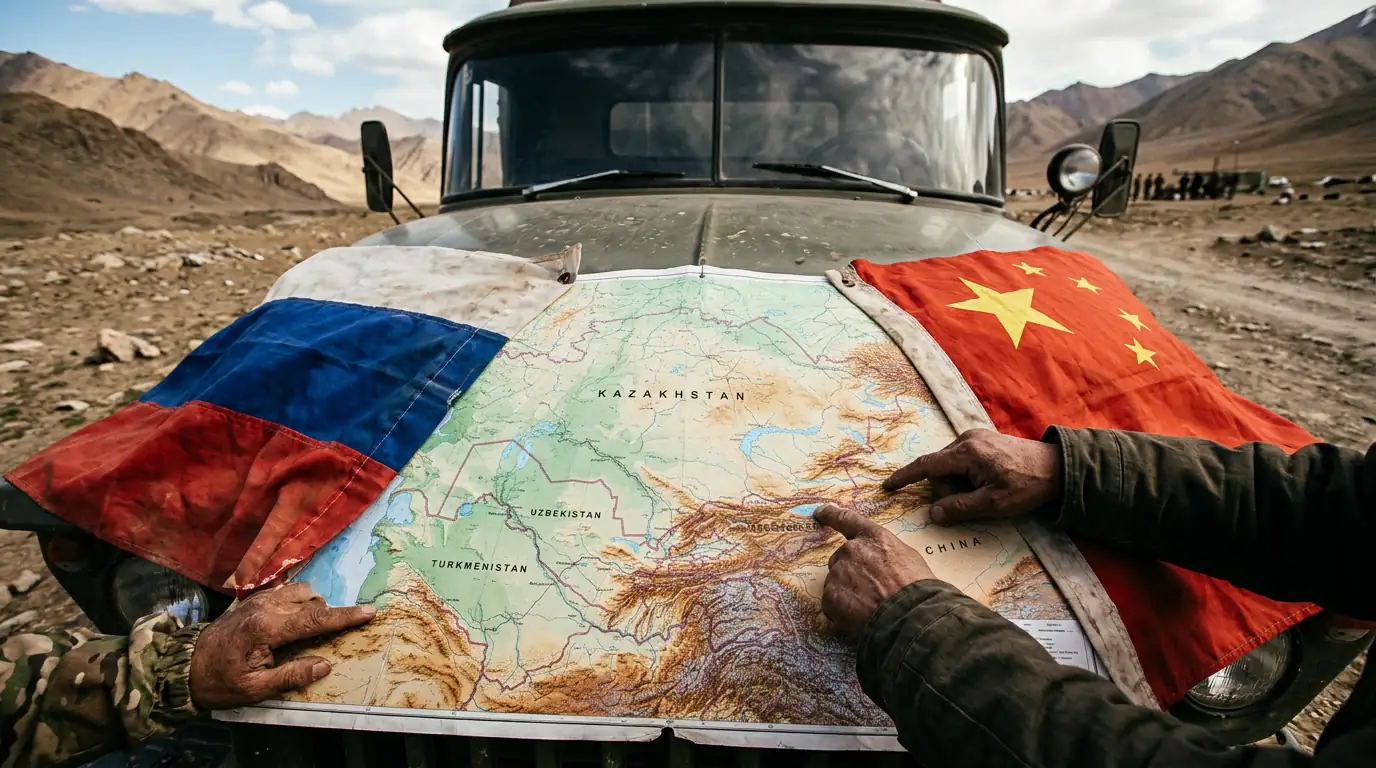 Carte de l'Asie centrale avec les drapeaux russe et chinois symbolisant la rivalité d'influence dans la région.