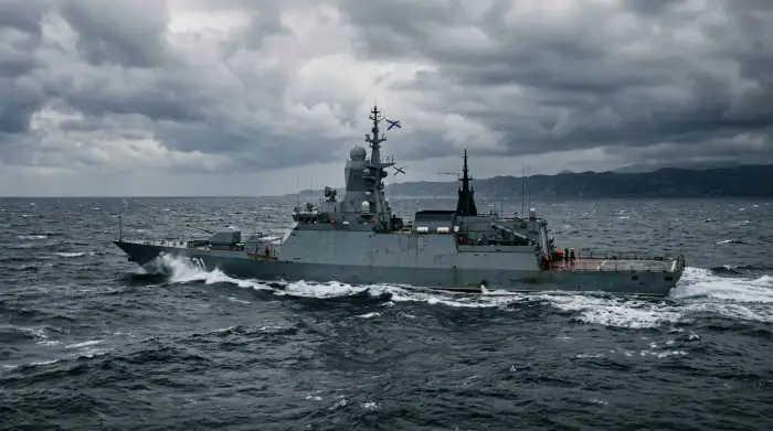 Corvette de la marine russe naviguant en mer Méditerranée sous un ciel chargé.