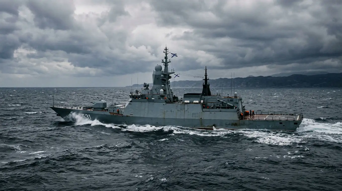 Corvette de la marine russe naviguant en mer Méditerranée sous un ciel chargé.