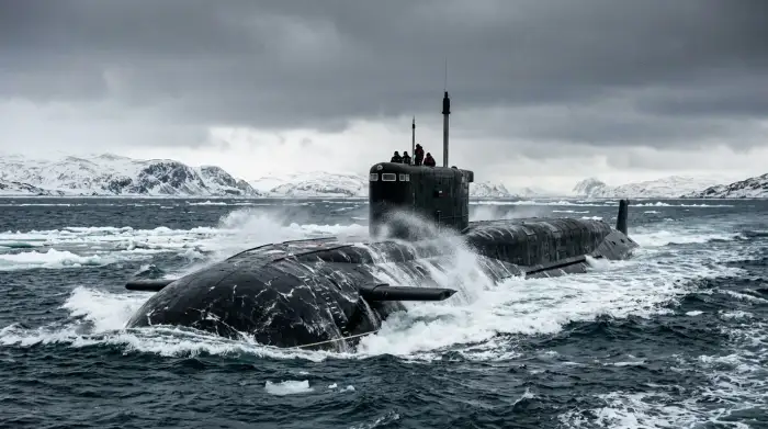 Sous-marin nucléaire russe de classe Boreï faisant surface dans des eaux arctiques sous un ciel gris.