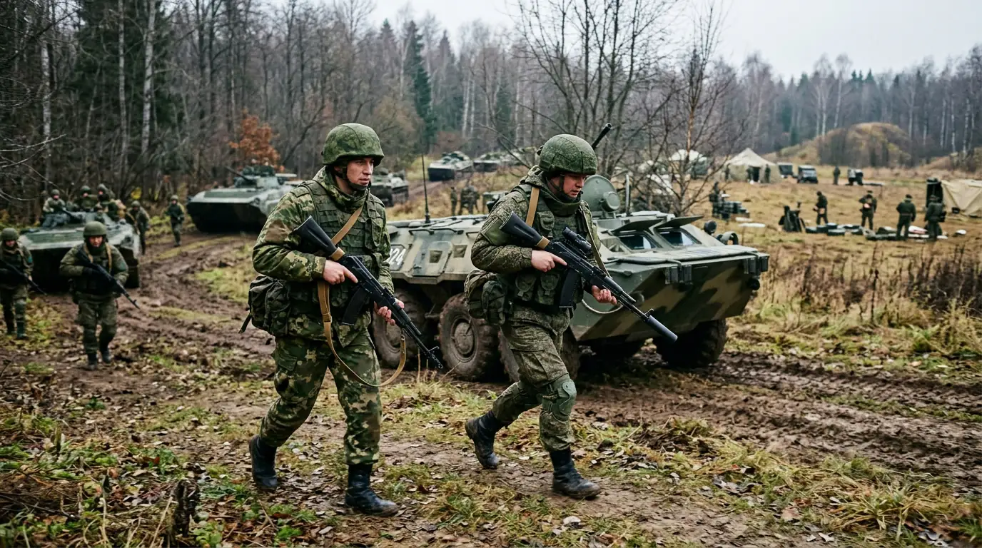 Soldats russes et biélorusses lors d'un exercice militaire conjoint sur un terrain d'entraînement d'Europe de l'Est.