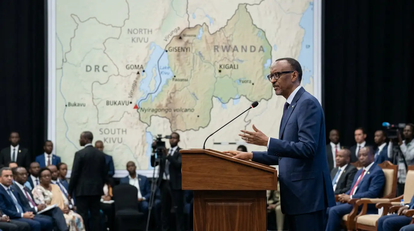 Le président rwandais Paul Kagame s'exprimant à une tribune, sur fond de carte de la frontière entre le Rwanda et l'est de la République démocratique du Congo.