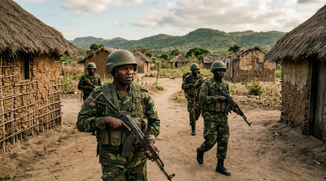 Soldats des Forces de défense rwandaises en patrouille dans le nord du Mozambique, province de Cabo Delgado