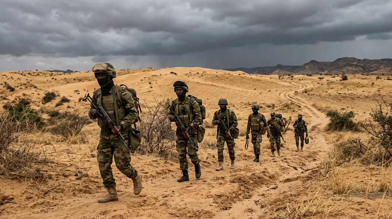 Soldats en patrouille dans le Sahel, zone aride avec dunes et ciel chargé, symbolisant la tension sécuritaire croissante en Afrique de l'Ouest
