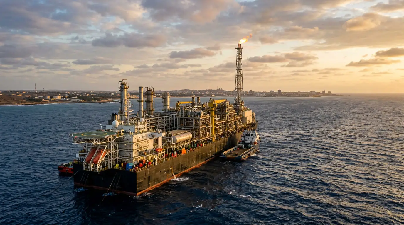 Une unité flottante de production de gaz naturel liquéfié au large des côtes du Sénégal, symbole de la nouvelle rente énergétique du pays.