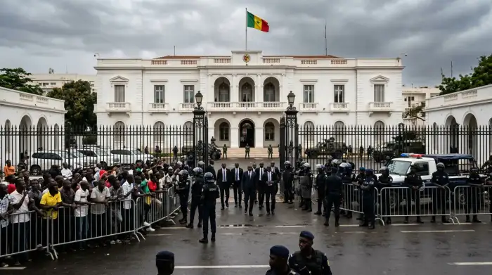 Façade du Palais présidentiel de Dakar, siège du pouvoir issu de l'élection de 2024, sous tension institutionnelle.