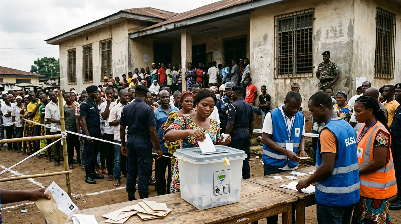 Bulletins de vote et urne devant le bâtiment de la commission électorale à Freetown, sous tension politique.