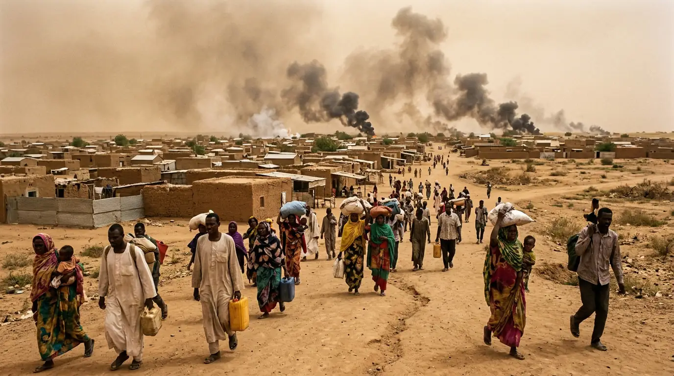 Vue d'une ville assiégée du Kordofan soudanais sous un ciel de poussière, civils en fuite et fumées d'explosions à l'horizon.