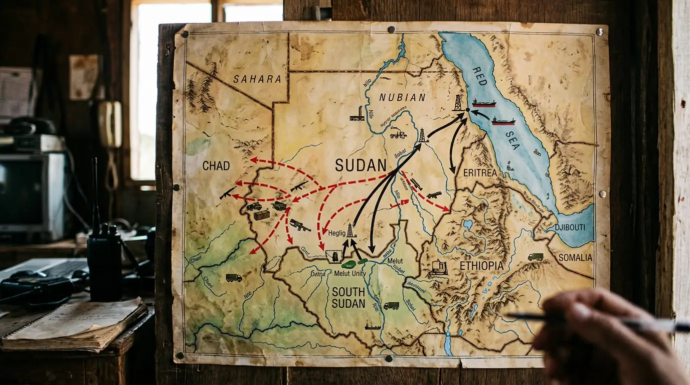 Carte stylisée de la Corne de l'Afrique montrant les flux d'armes et les routes pétrolières entre le Soudan, le Soudan du Sud, le Tchad et la mer Rouge.