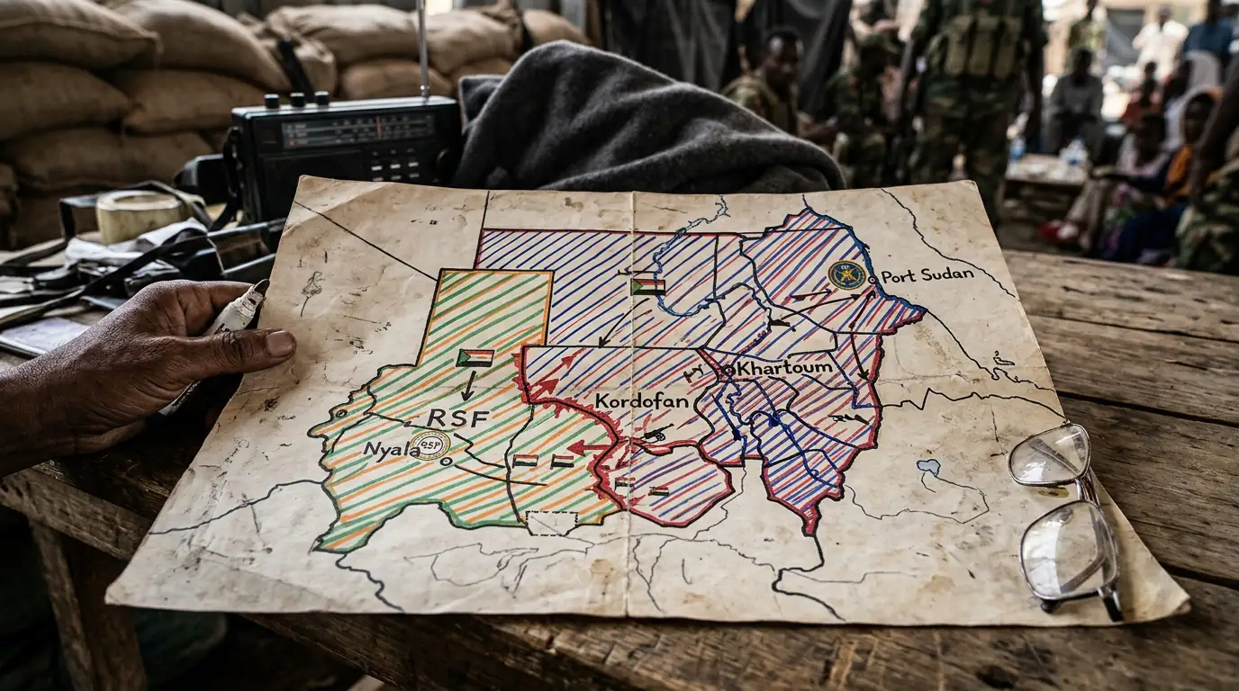 Carte stylisée du Soudan partagé en deux : l'est et le centre tenus par l'armée autour de Port-Soudan, l'ouest et le Darfour tenus par les paramilitaires autour de Nyala, avec une ligne de front au Kordofan.