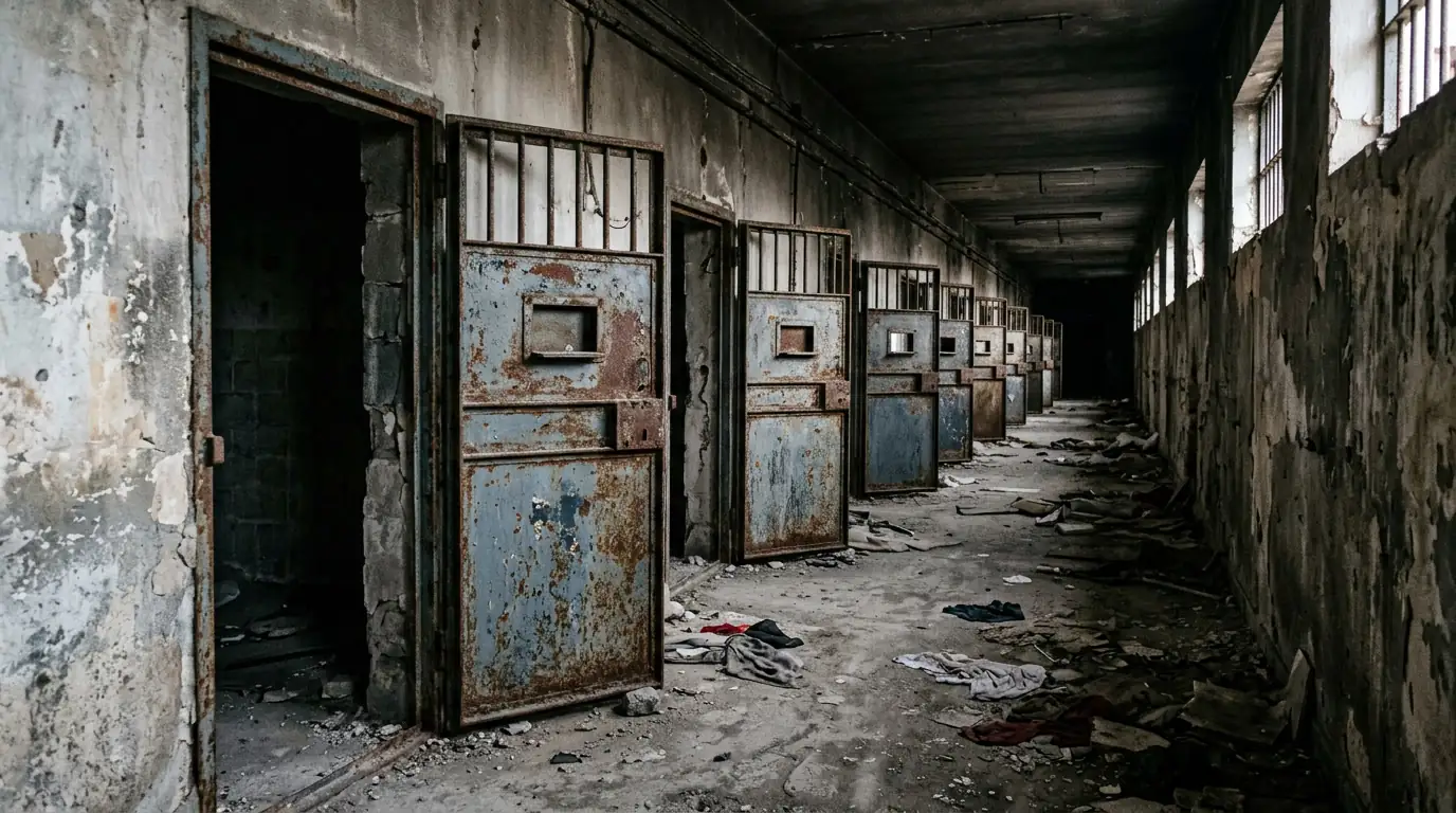 Couloir d'une prison syrienne aux cellules vides, après l'ouverture des centres de détention à la chute du régime en décembre 2024.