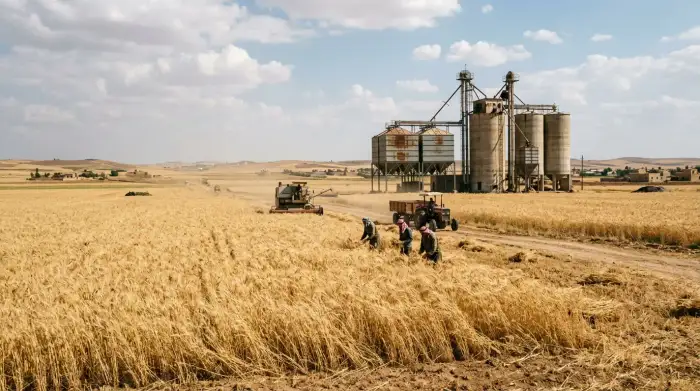 Champ de blé syrien et silos à grains dans la région agricole du nord-est.