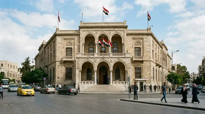 Façade d'un ministère des Affaires étrangères à Damas, symbole de la diplomatie syrienne.