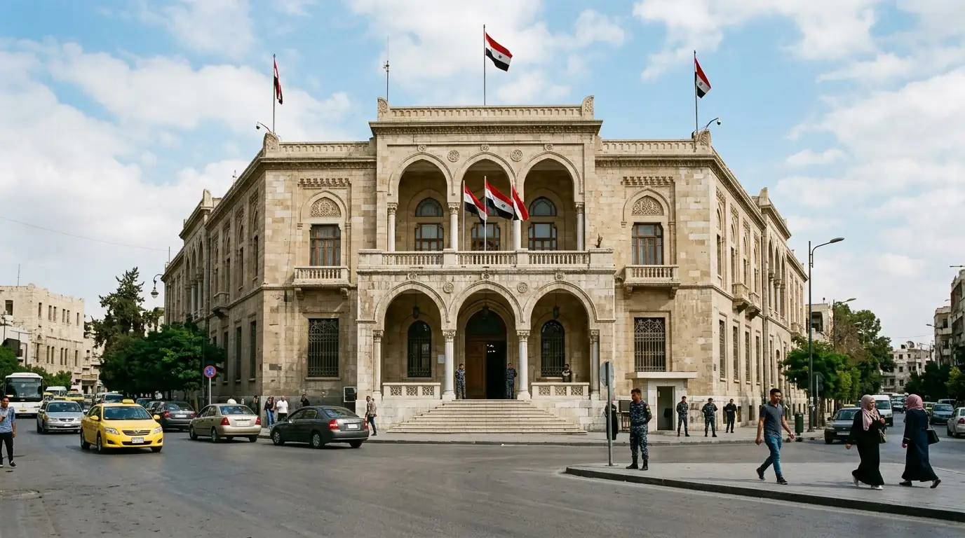 Façade d'un ministère des Affaires étrangères à Damas, symbole de la diplomatie syrienne.