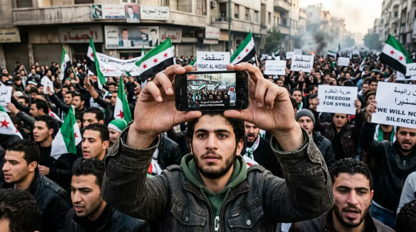 Smartphone filmant une manifestation, symbole du journalisme citoyen né de la révolte syrienne.