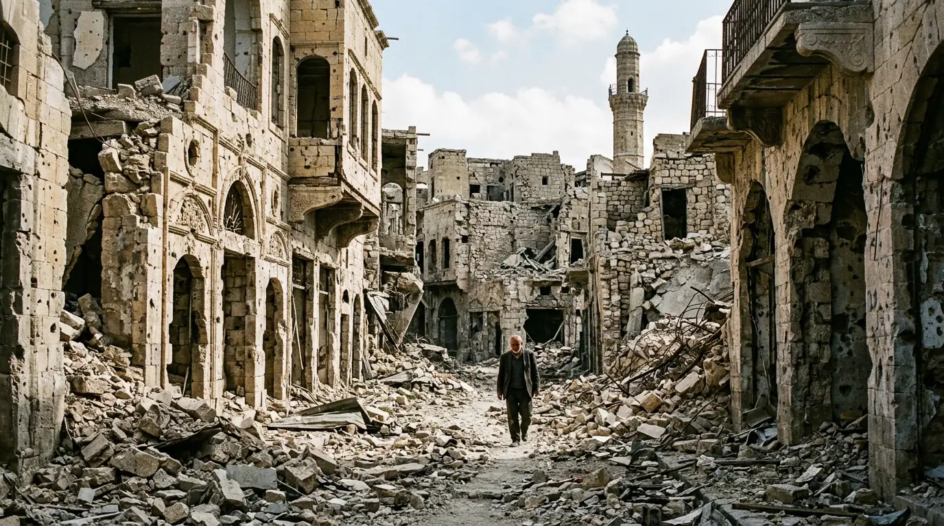 Vue des ruines de la vieille ville d'Alep après les combats de la guerre civile syrienne.