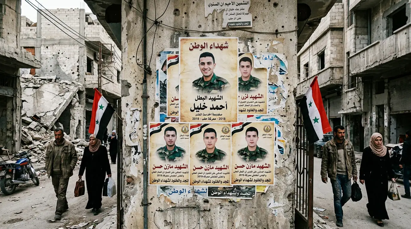 Affiches commémoratives de soldats présentés comme martyrs sur un mur d'une ville syrienne.