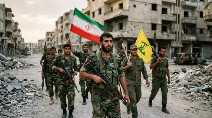 Combattants pro-régime et drapeaux iraniens et du Hezbollah lors du conflit syrien.