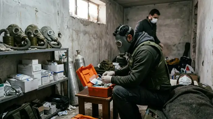Masques à gaz et matériel médical d'urgence, symboles des attaques chimiques de la guerre syrienne.
