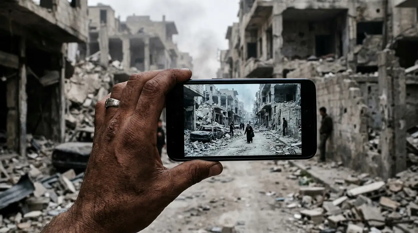 Une main tient un smartphone filmant une rue détruite par les bombardements en Syrie.