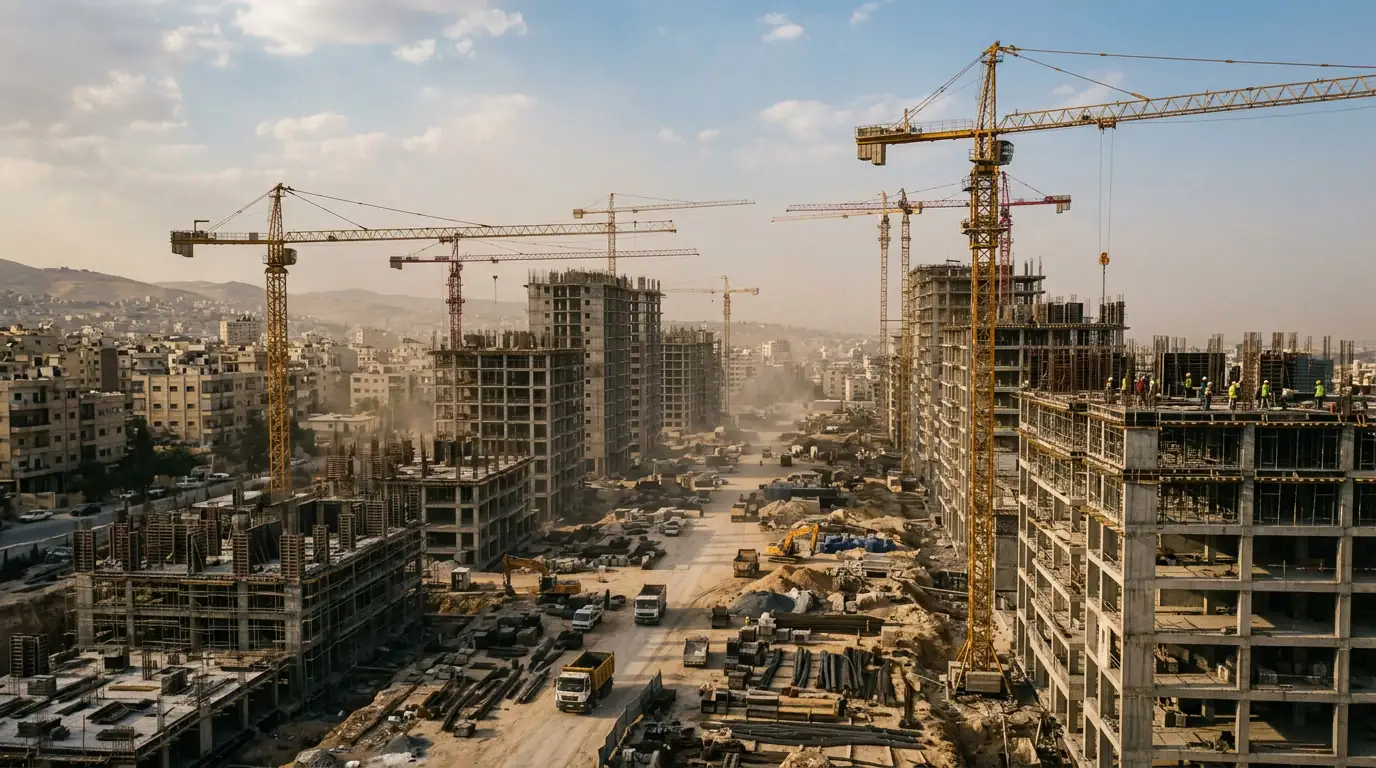 Grues et tours en chantier sur le site de Marota City, à Damas, projet immobilier emblématique du régime.
