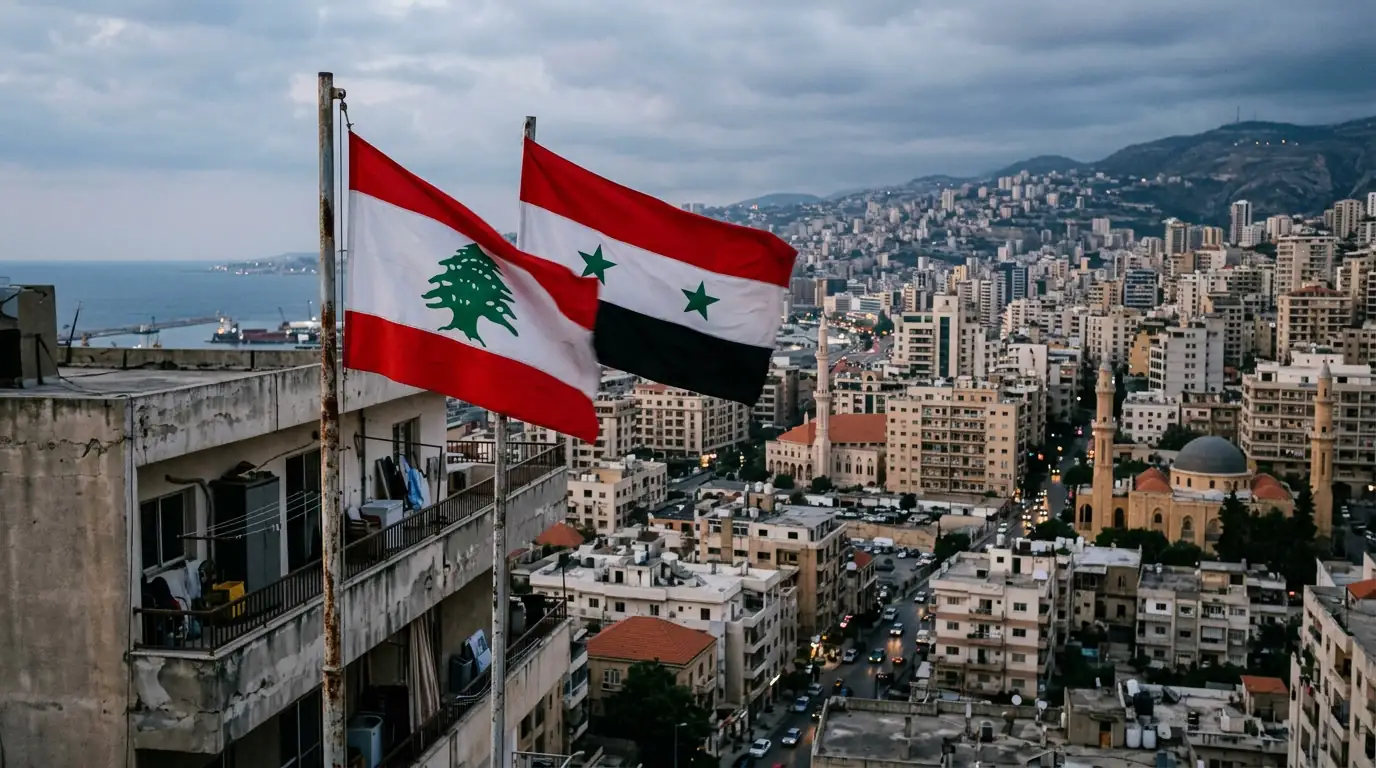 Drapeaux libanais et syrien superposés sur fond de Beyrouth.