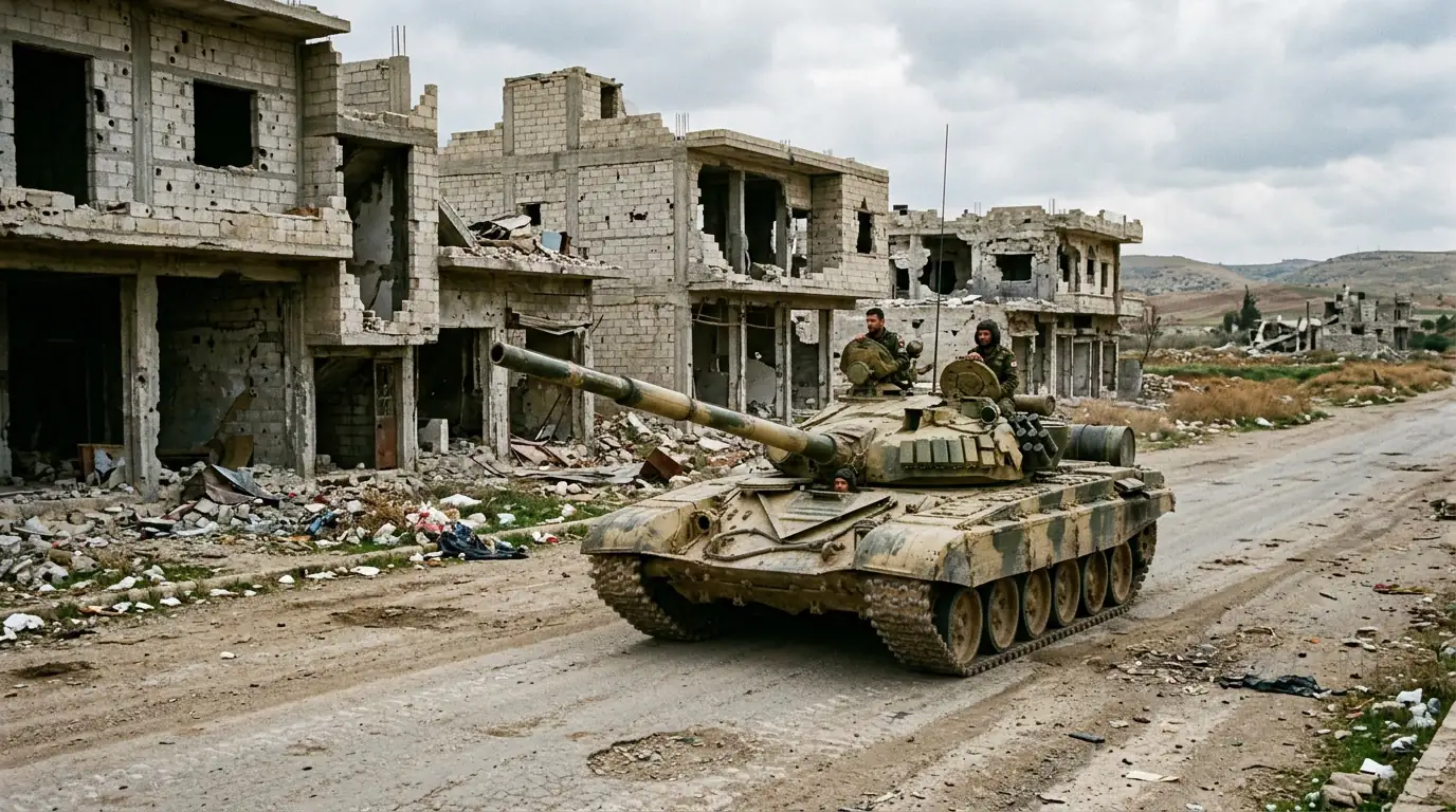 Char de l'armée syrienne sur une route de campagne devant des bâtiments endommagés par la guerre.