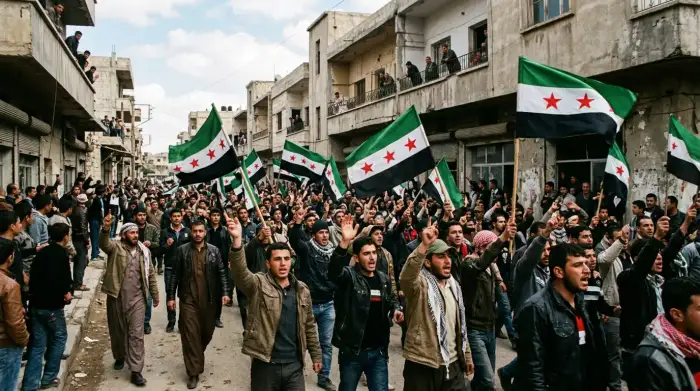 Manifestants syriens brandissant des drapeaux de la révolution dans une rue, lors des soulèvements contre le régime.