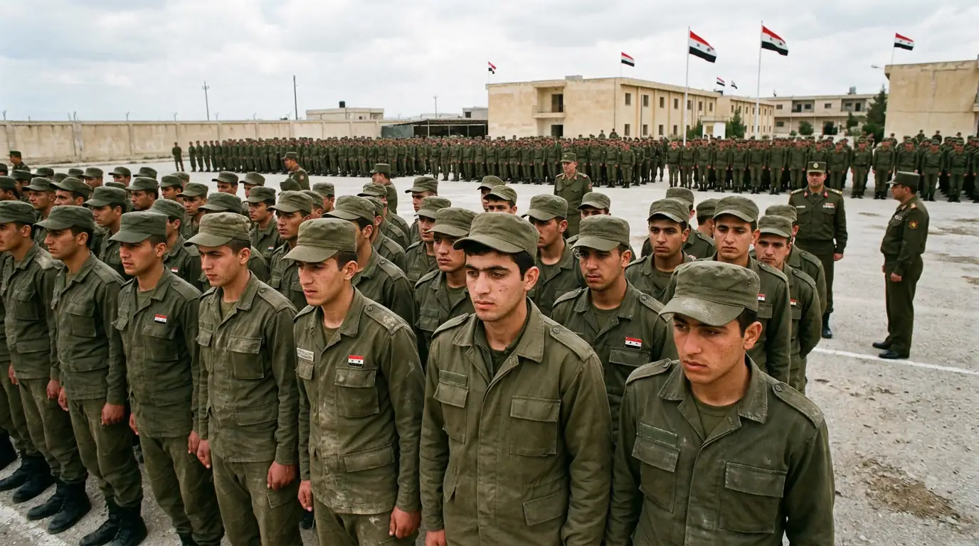 Conscrits syriens en uniforme lors d'un rassemblement militaire, illustrant la conscription sous le régime Assad.