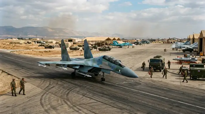 Avion de combat russe et base aérienne en Syrie pendant l'intervention militaire de Moscou.