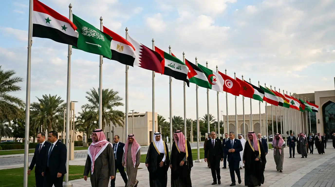 Drapeaux des pays arabes lors d'un sommet de la Ligue arabe consacré à la Syrie.