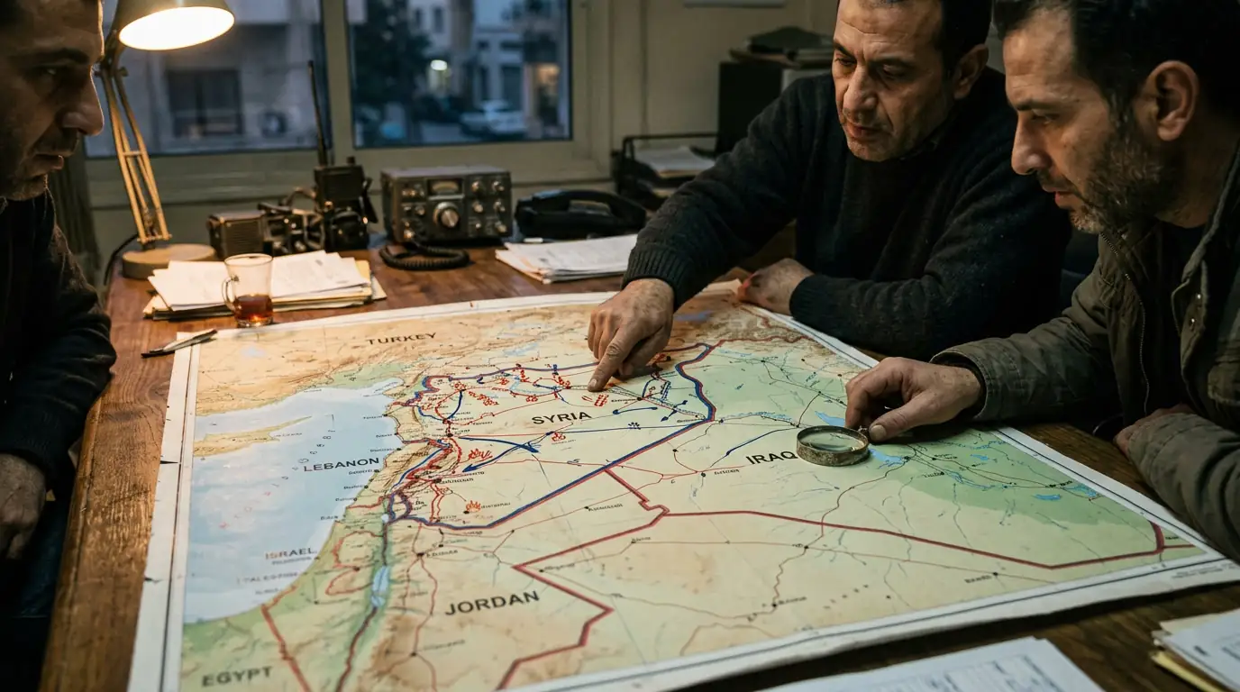 Carte du Proche-Orient illustrant les tensions régionales autour de la Syrie et de ses voisins.