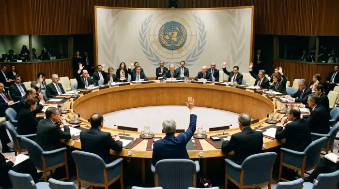 Salle du Conseil de sécurité des Nations unies lors d'un vote sur la Syrie.
