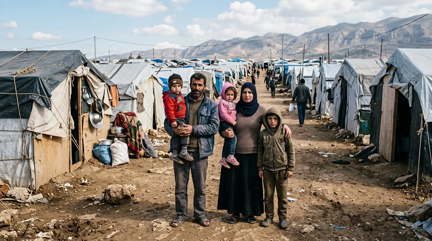 Famille de réfugiés syriens devant des abris temporaires dans un camp régional.