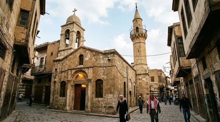 Église et minaret côte à côte dans une vieille ville syrienne, symbole de la diversité religieuse du pays.