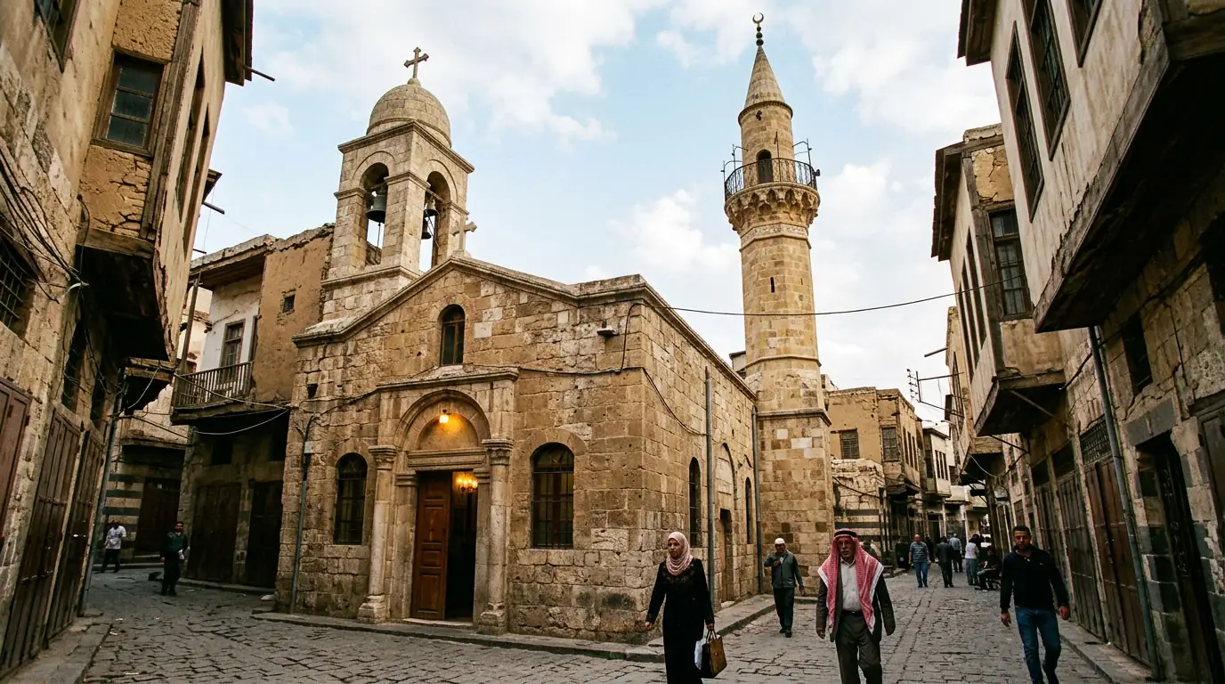 Église et minaret côte à côte dans une vieille ville syrienne, symbole de la diversité religieuse du pays.